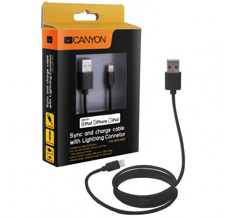 Canyon CNS-MFICAB01B Ultra-compact MFI Cable, certified by Apple, 1M length , 2.8mm , black c Кабель CANYON - valday-experts.ru – фото 1