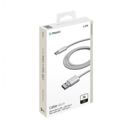 Deppa Alum USB Type-C - USB Type-C, алюминий/нейлон, USB 2.0, 3A, 1.2м, 1.2м, серебро, Deppa Кабель  DEPPA - valday-experts.ru – фото 1