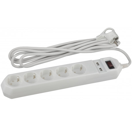 Сетевой фильтр ЭРА USF-5es-1.5m-USB-W (белый) с заземл, 3x0,75мм ЭРА - valday-experts.ru – фото 1